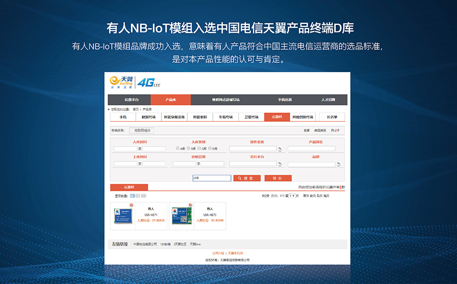 天游8线路检测中心NB-IoT模组入选中国电信天翼产品终端D库